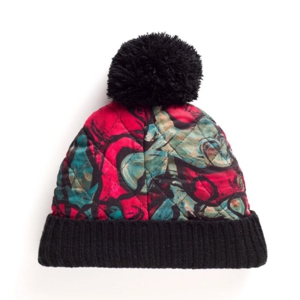 Peruvian Connection Quilted Pom-Pom Winter Hat With Abstract Red & Teal Design